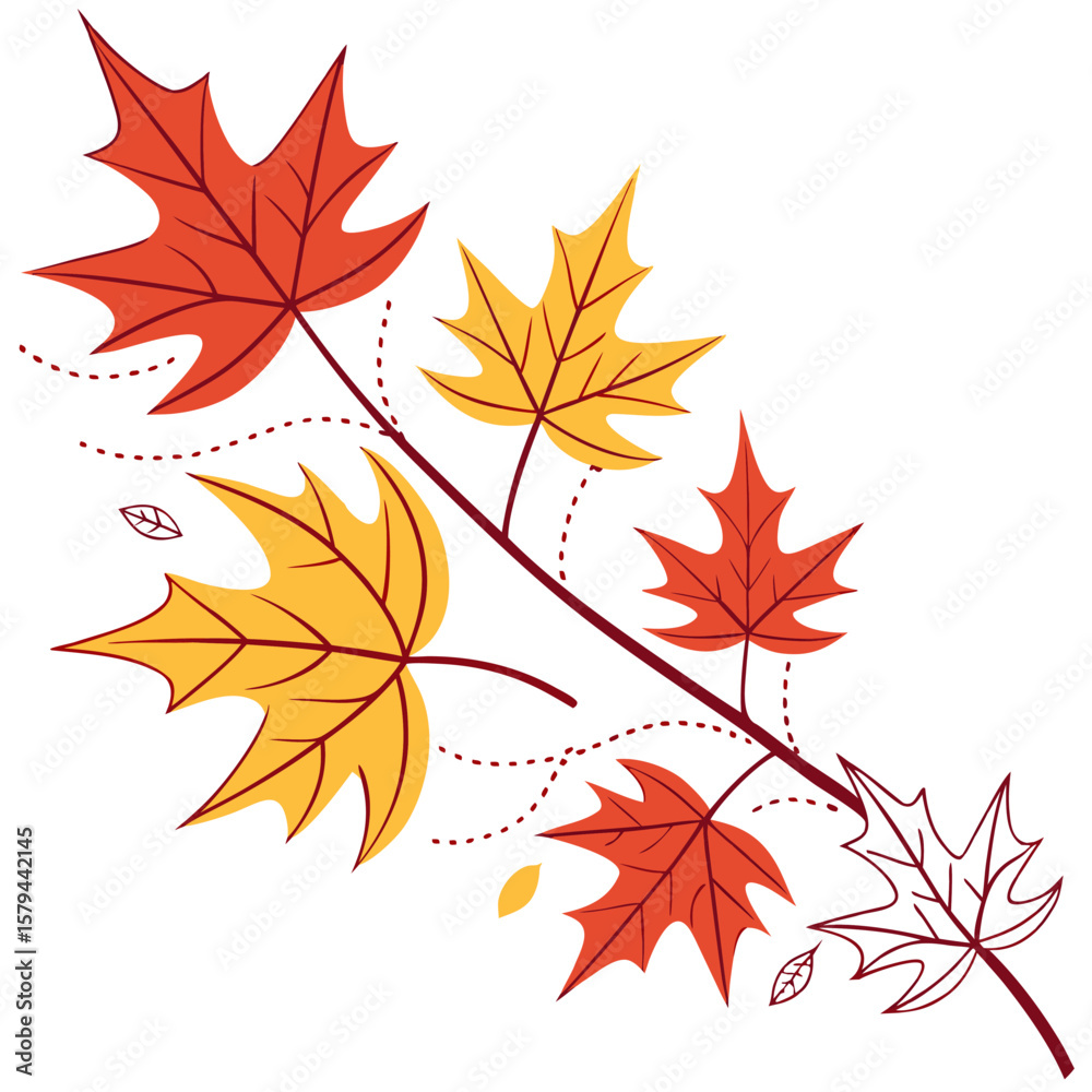 Illustration of a branch with maple leaves in various autumn colors and a simple outlined leaf design Illustration of a branch with maple leaves in various autumn colors and a simple outlined leaf design