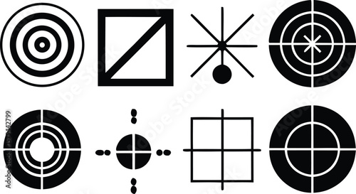 Vector art of a collection of various targeting and aiming symbols, including bullseyes, crosshairs, and geometric shapes.