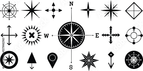Vector art of a collection of vintage compass rose and directional navigation symbols isolated on a white background.