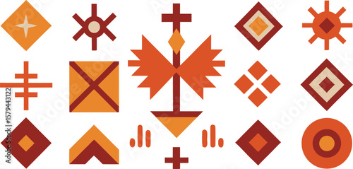 Vector art of a collection of diverse geometric symbols and patterns in warm orange and brown tones.