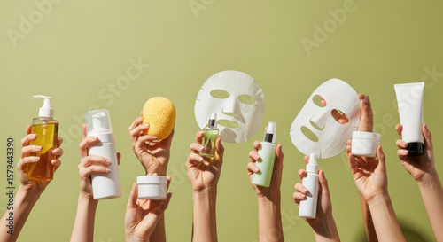 A collection of various skincare products and facial masks are held up by multiple hands against a light green background
