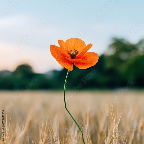 Vibrant Orange Flower Standing Alone in a Field Under a Soft Sunset Sky with Faded Greenery in the Background