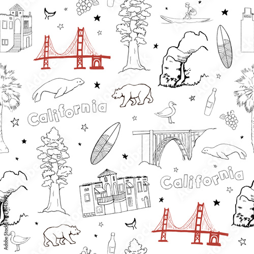 Seamless pattern with Hand-drawn California themed illustration with iconic landmarks, wildlife, nature, and lifestyle elements like the Golden Gate, surfer, bear, and redwood