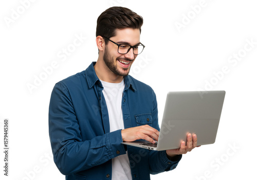 Wallpaper Mural Smiling Young Man Using Laptop on White Background, Representing Modern Work and Digital Communication








 Torontodigital.ca