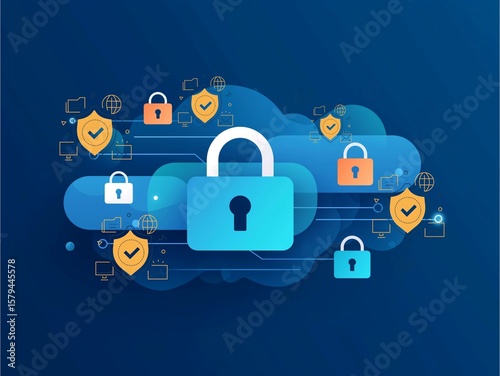 Data Protection Security Concept: An illustration of a digital cloud environment, secured by a prominent lock, and fortified by multiple shield and lock elements.Generative ai illustration.