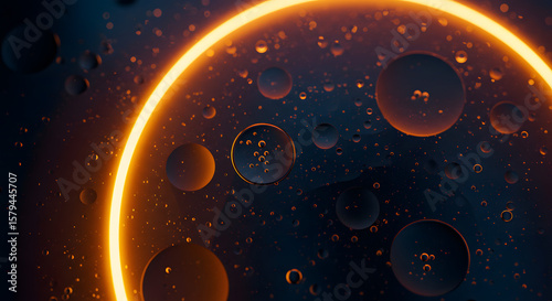Abstract glowing orange circle with water droplets on a dark background