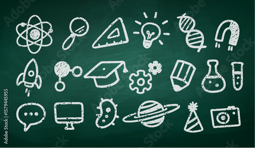 Vector illustration of school and science doodle icons drawn with chalk on greenboard background.