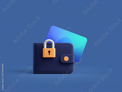 A stylized rendering showcases a closed wallet, secured by a lock, with a credit card subtly peeking out, symbolizing secure finances and protection of personal data. Generative ai illustration.