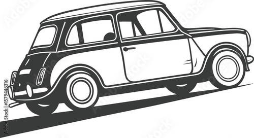 Monochrome Illustration of a Classic Mini Cooper Car with Detailed Line Work and Striking Shadowing Effects, Capturing Vintage Automotive Design