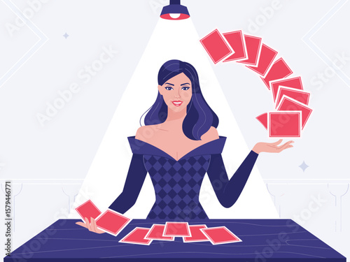 Elegant woman with floating playing cards A captivating flat vector illustration showcasing illusion and skill