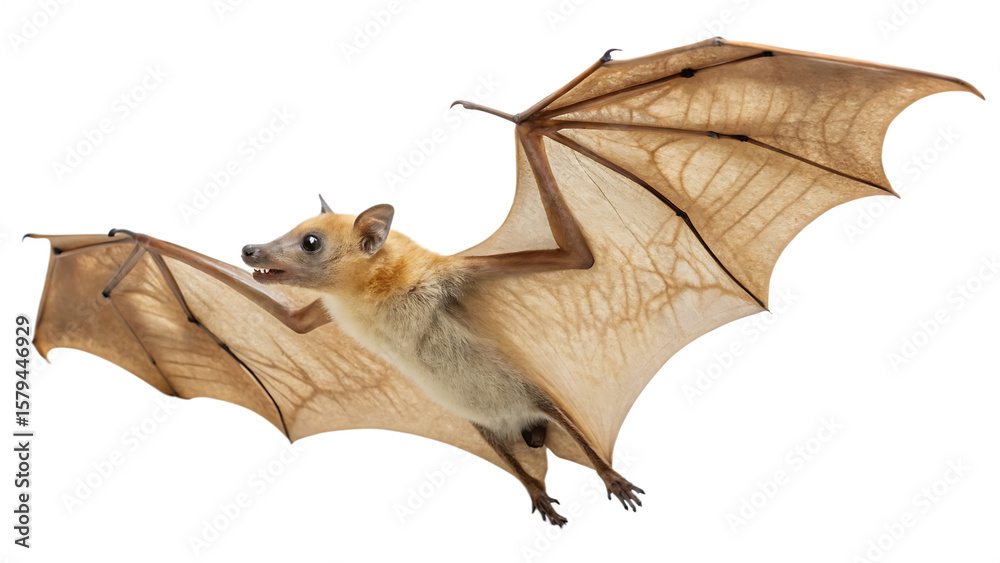 Obraz premium Straw-coloured fruit bat Eidolon helvum bat migration isolated on white background PNG. AI GENERATED.
