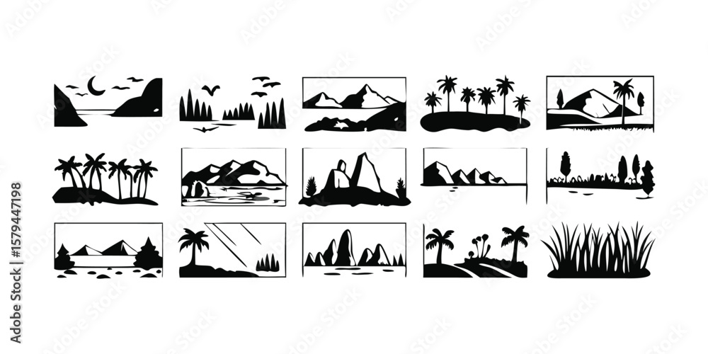 Naklejka premium Silhouette Bundle 12 Nature and Landscape Variations Trees Mountains and More on transparent background This silhouette bundle features variations nature landscape elements including trees mountains