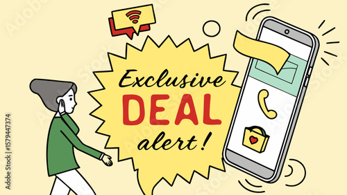 Illustration of a woman receiving an exclusive deal alert on her smartphone with shopping icons and wifi