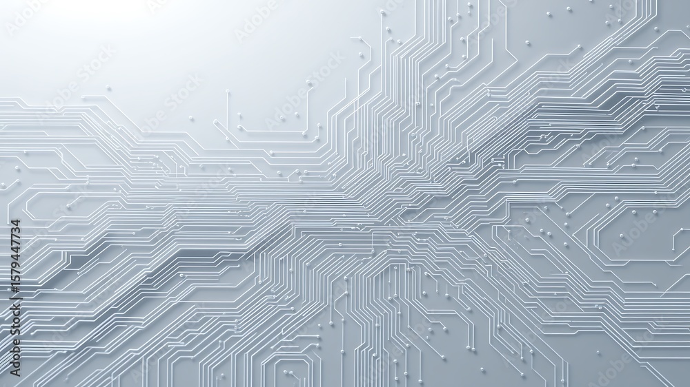 © DESIGN MOSAI - Intricate network of glowing white circuit board traces and nodes on a subtle gradient background representing technology