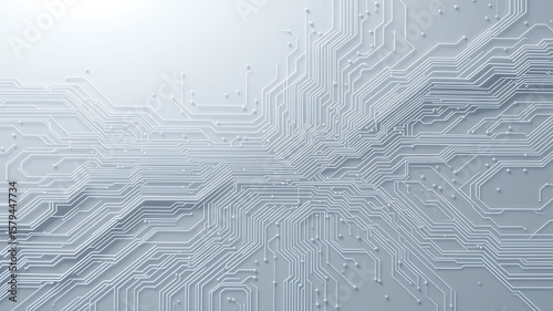 Intricate network of glowing white circuit board traces and nodes on a subtle gradient background representing technology