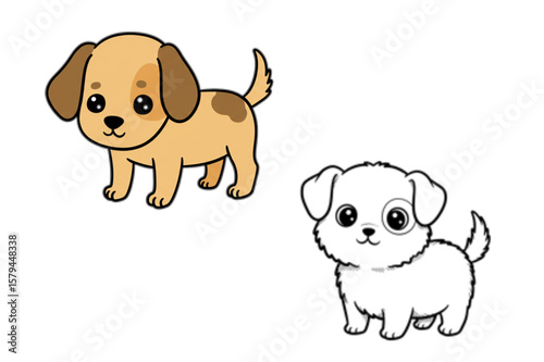 Adorable cartoon puppies in colored and outline styles, perfect for children's designs and cute pet graphics.
