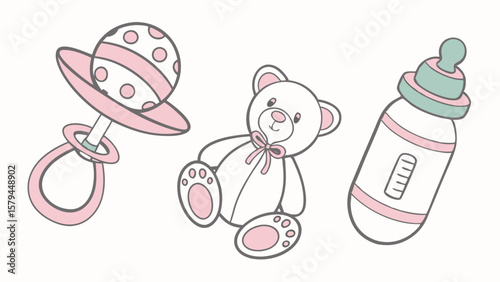 Vector illustration of baby toys including a rattle, teddy bear, and bottle, representing early childhood and parenting