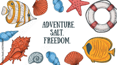 Vintage hand-drawn marine illustrations featuring an aquarium fish, seashells, starfish, and more. Vector illustration. Detailed ink sketch style with coastal vibes.