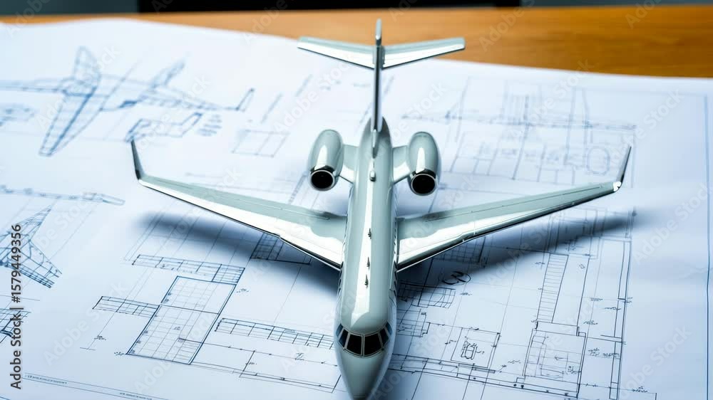 A scale model of an aircraft sits atop detailed blueprints in a design ...