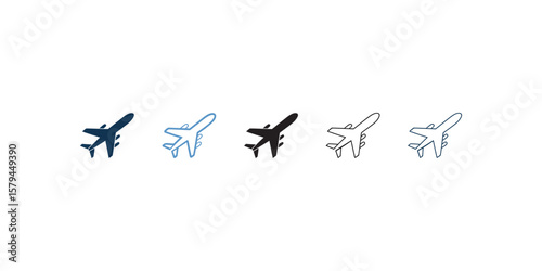 Four Airplane Icons in Various Shades Simple, vector-based airplane icons in four different shades of gray and blue.