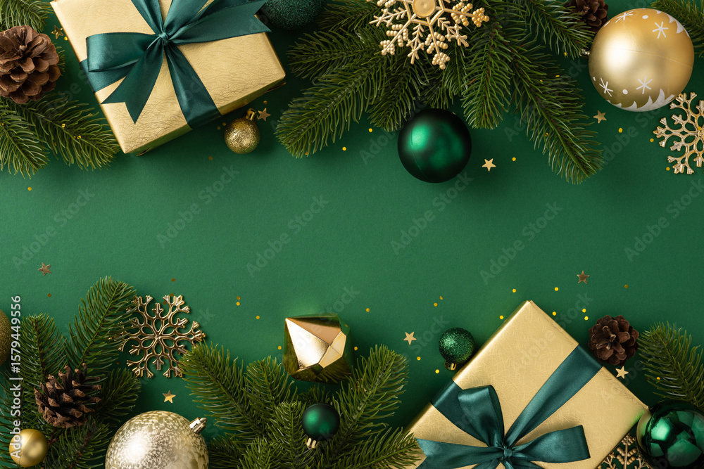 Fototapeta premium Celebratory holiday scene featuring gifts, pine branches, ornaments, and festive elements on a green background, evoking the spirit of Christmas and New Year celebrations