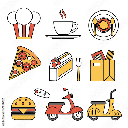 Food and drink icons including pizza coffee burger and scooters
