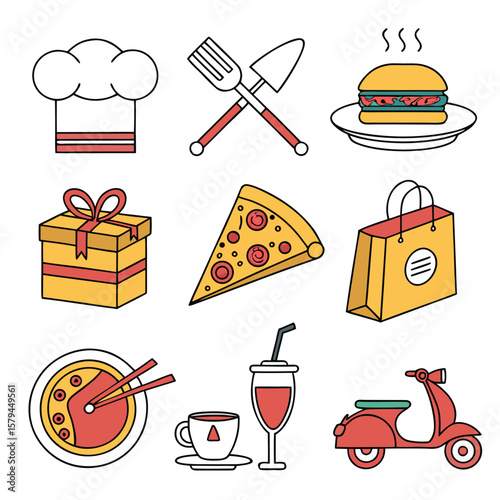 Food and drink icons chef hat pizza burger scooter gift bag