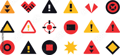 Vector art of a collection of various warning and informational signs in different shapes and colors.