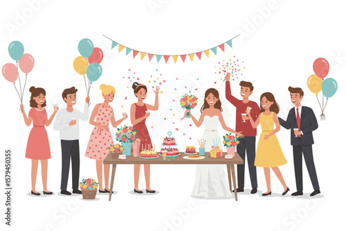 Festive wedding celebration graphic shows a bride and groom enjoying their special day with celebrating guests and party decorations.