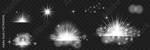 A set of realistic light effects on a transparent background. Shining stars, light rays, flashes, glitter, shine and soft glow. Ideal for festive and creative designs: New Year and Christmas cards