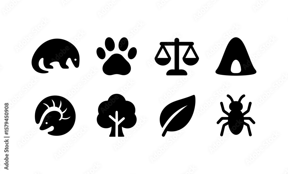Fototapeta premium Nature and wildlife icons: animal, plant, and balance symbols in silhouette style