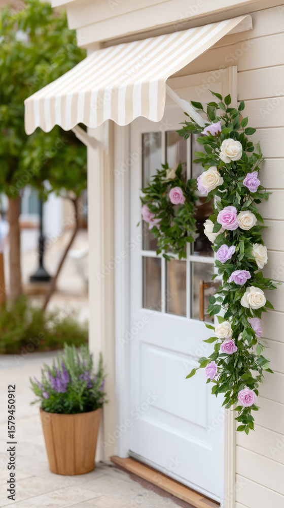 Naklejka premium Spring floral garland adorning cafe entryway with vertical white door and awning