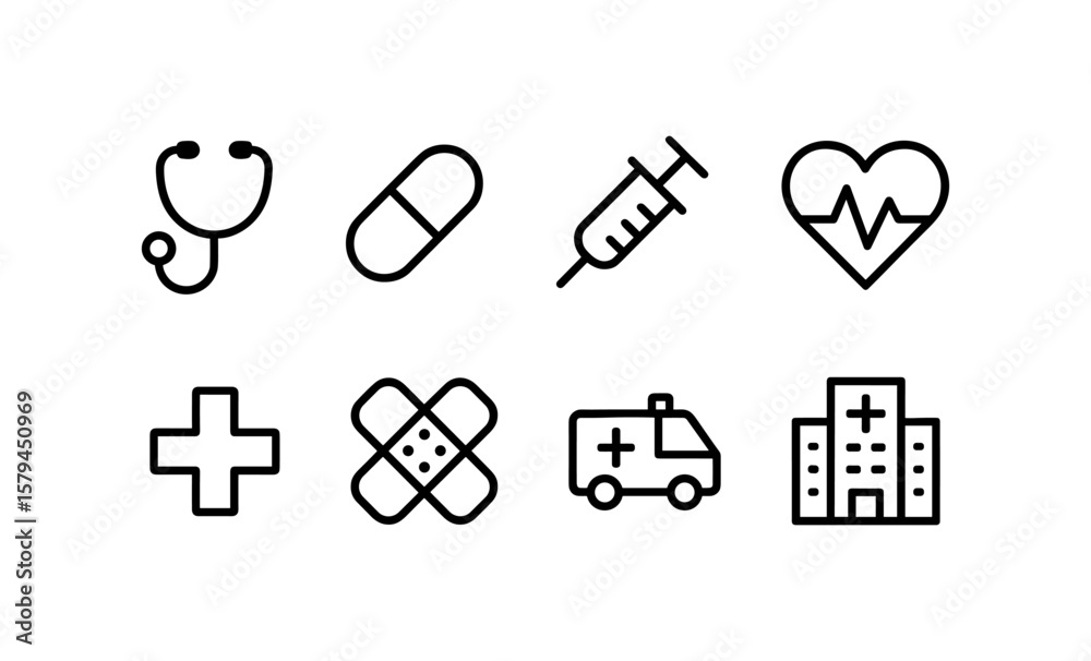 Medical icon set featuring stethoscope, pill, syringe, heart, and ambulance in simple outline style Medical icon set featuring stethoscope, pill, syringe, heart, and ambulance in simple outline style