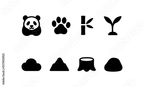 Nature and wildlife silhouettes featuring panda, paw print, bamboo, and seedling icons