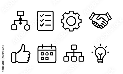 Business and productivity icons set: linear design featuring handshake, gear, checklist, and more