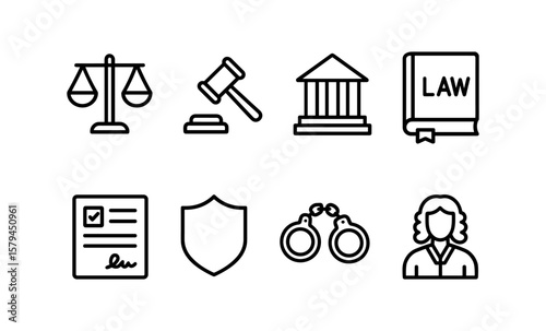 Linear law and justice icons: scales, gavel, courthouse, law book, contract