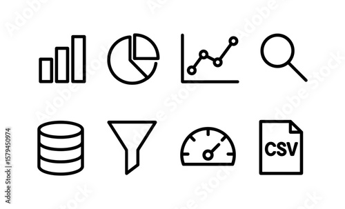 Minimalist analytics icons set: line art style for data analysis