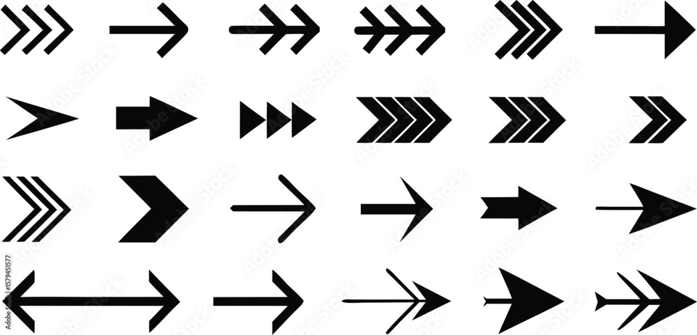 Vector art of a collection of diverse black arrows pointing in various directions on a white background. Vector art of a collection of diverse black arrows pointing in various directions on a white background.