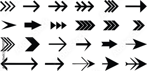 Vector art of a collection of diverse black arrows pointing in various directions on a white background.