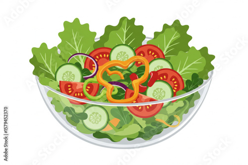 A colorful salad bowl design featuring fresh tomatoes, cucumbers, lettuce, and onions, perfect for nutrition-related graphics and healthy food content.