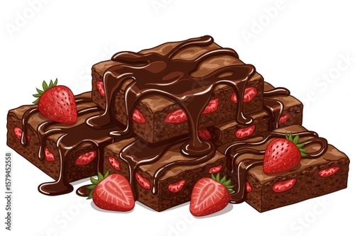 Delectable brownies stacked high, adorned with fresh strawberries and rich chocolate, a perfect design element for confectionery or dessert projects.