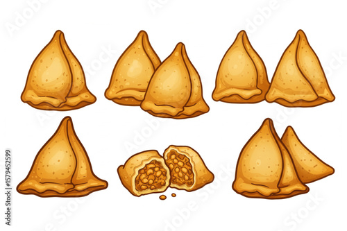 Delicious samosa set, a savory pastry, is ready for use in menus, restaurants, or culinary projects, perfect for Indian food or appetizer designs.