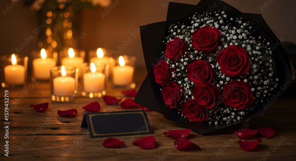 Obraz premium Romantic roses, candles, and petals create a warm ambiance, perfect for love, anniversary celebrations, or Valentines Day, evoking feelings of affection and passion.