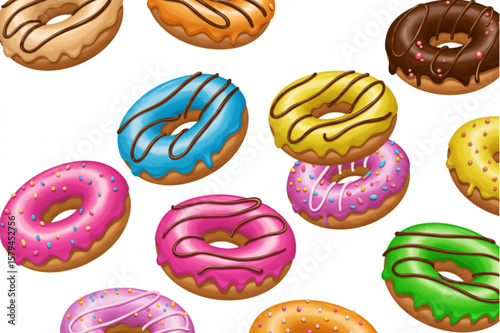 Delicious colorful donuts design, perfect for backgrounds, patisserie shops or social media content, and can be used in confectionery-themed graphics.