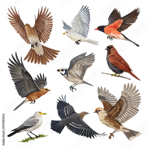Diverse Feathered Friends Collection: Realistic Bird Silhouettes Flying & Perching