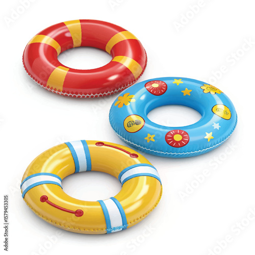 3D Inflatable swimming ring in red, yellow and blue icon set. Rubber pool toy. Swim lifesaver. Summer time objects. Travel and vacation. Cartoon design icons isolated on white. 3D Vector 
