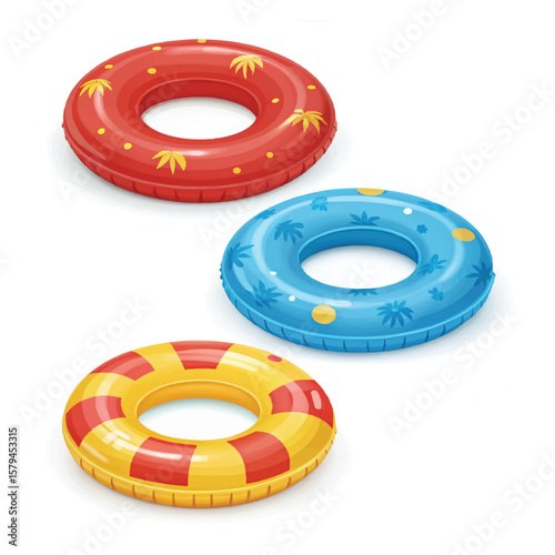 3D Inflatable swimming ring in red, yellow and blue icon set. Rubber pool toy. Swim lifesaver. Summer time objects. Travel and vacation. Cartoon design icons isolated on white. 3D Vector 