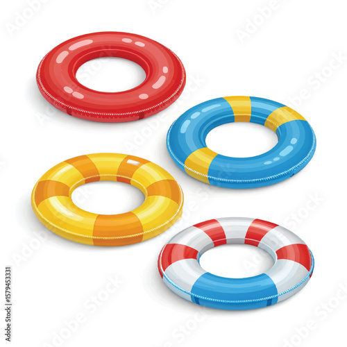 3D Inflatable swimming ring in red, yellow and blue icon set. Rubber pool toy. Swim lifesaver. Summer time objects. Travel and vacation. Cartoon design icons isolated on white. 3D Vector 
