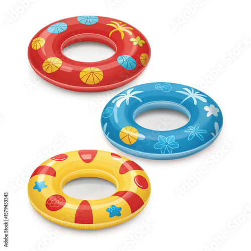3D Inflatable swimming ring in red, yellow and blue icon set. Rubber pool toy. Swim lifesaver. Summer time objects. Travel and vacation. Cartoon design icons isolated on white. 3D Vector 