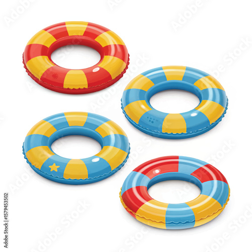 3D Inflatable swimming ring in red, yellow and blue icon set. Rubber pool toy. Swim lifesaver. Summer time objects. Travel and vacation. Cartoon design icons isolated on white. 3D Vector 